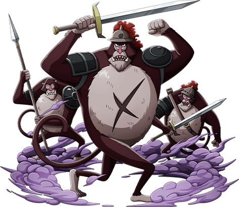Three humandrills, a species of monkey from One Piece, standing wearing armor and holding weapons. Purple smoke clouds surround the middle one.