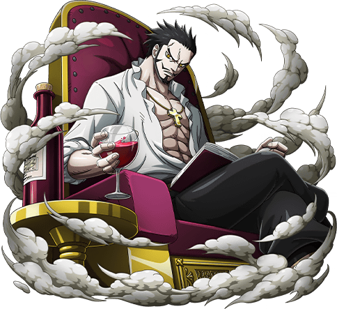 An image of Dracule Mihawk sitting cross-legged in a throne. He is reading a book and holding a glass of red wine. Smoke clouds surround him. A bottle of wine is on a table next to him.