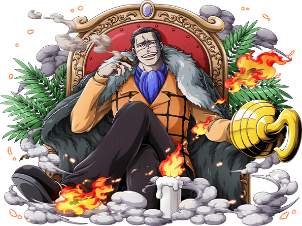 Sir Crocodile from One Piece sitting cross-legged in an ornate throne with palm leaves behind him. He is holding a smoking cigar in his hand and has an open mouth smile. In front of him are candles with flames flying off. There's smoke clouds around him.