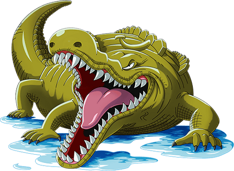 An image of a bananadile from One Piece. It's a giant yellow alligator with a banana-like shape on its head. Its mouth is open and theres puddles of water underneath it.