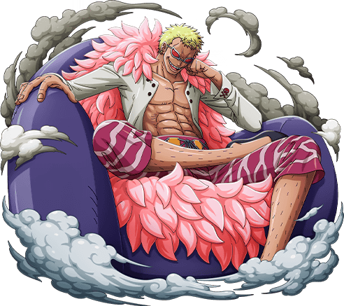 An image of Donquixote Doflamingo sitting on a large purple armchair with one leg resting on the knee of the other. He's a thin, muscular, light skinned man with short blond hair. He wears an open white shirt, pink animal striped pants, white sunglasses wi