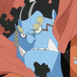 An image of Jinbe from the One Piece anime. He's scowling and his mouth is slightly open.
